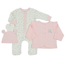 N14757: Baby Girls Waffle Fabric Jacket, All In One & Hat Outfit (0-9 Months)